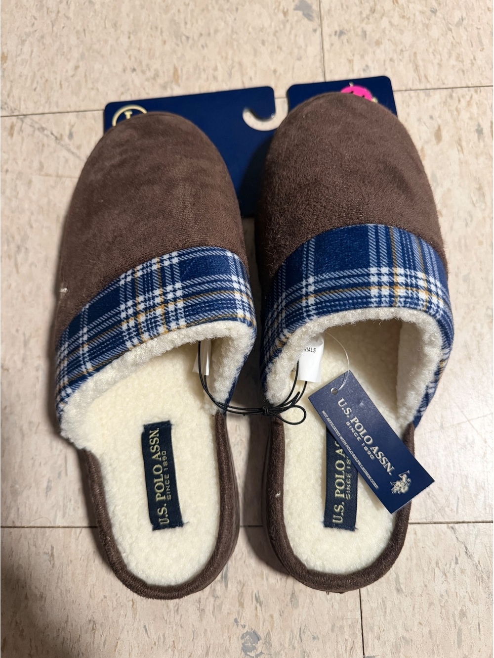U.S. Polo Assn. Men's Brown and Blue Plaid Slip-On Fleece-Lined Slippers, Size 7